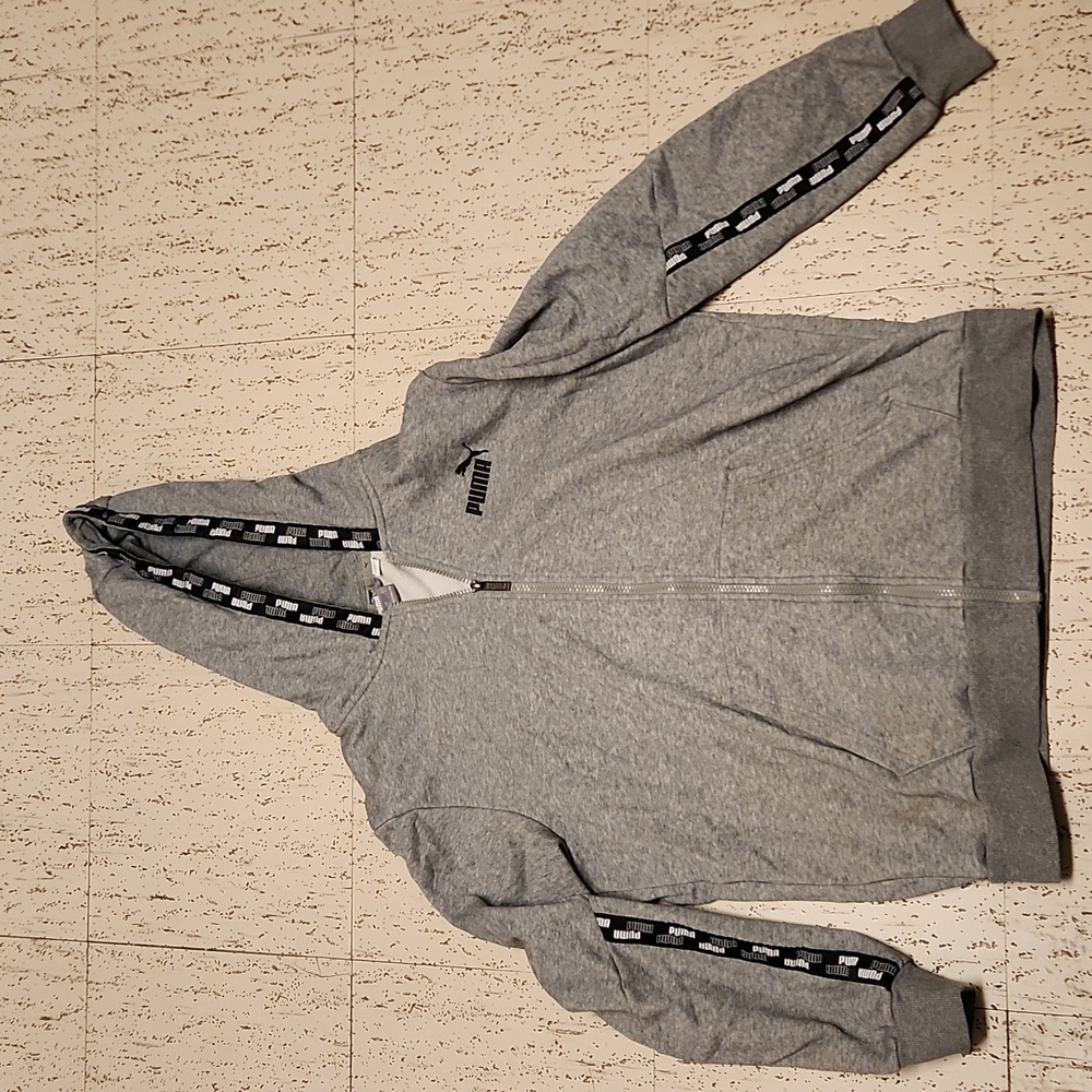Puma Gray Full Zip Multi Spellout Tape Logo Hoodie Sweater